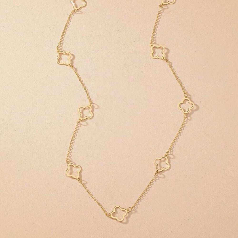 Four Leaf Clover Gold  Long  Necklace - Picture 4 of 6
